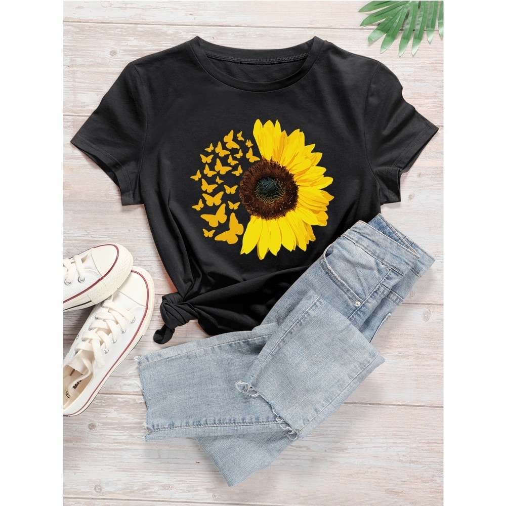 Sunflower Print Black Tee Shirt